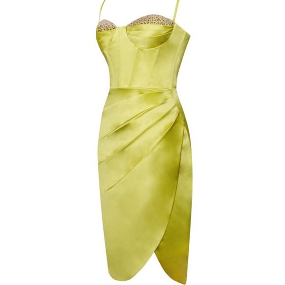 Callie Lives Miss Circle Bling: Rhinestone Sweetheart Chartreuse Satin Dress LG - Picture 7 of 9